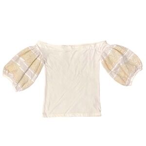 Free People Puff Sleeve Off Shoulder Ivory Lace Panel Blouse Top XS